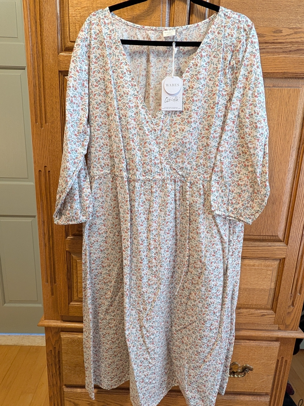 Floral V-Neck Cotton Midi Dress - Cream with Pink & Green Print